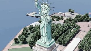 Cartoon depiction of a voluptuous woman posing as the Statue of Liberty