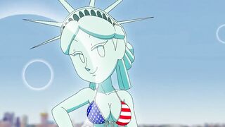 Cartoon depiction of a voluptuous woman posing as the Statue of Liberty
